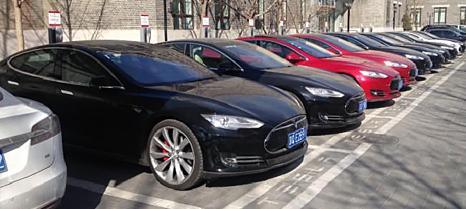 Model S lining up in front of Tesla HQ, Beijing. Picture Carnewschina.