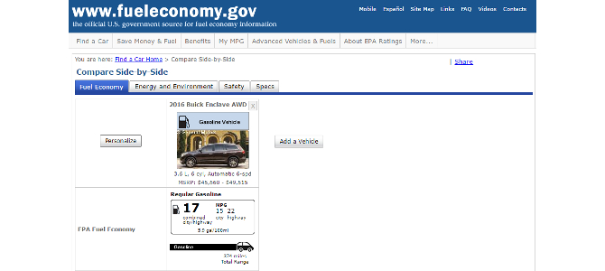 The correct fuel economy rating for this vehicle, from the EPA's website today.